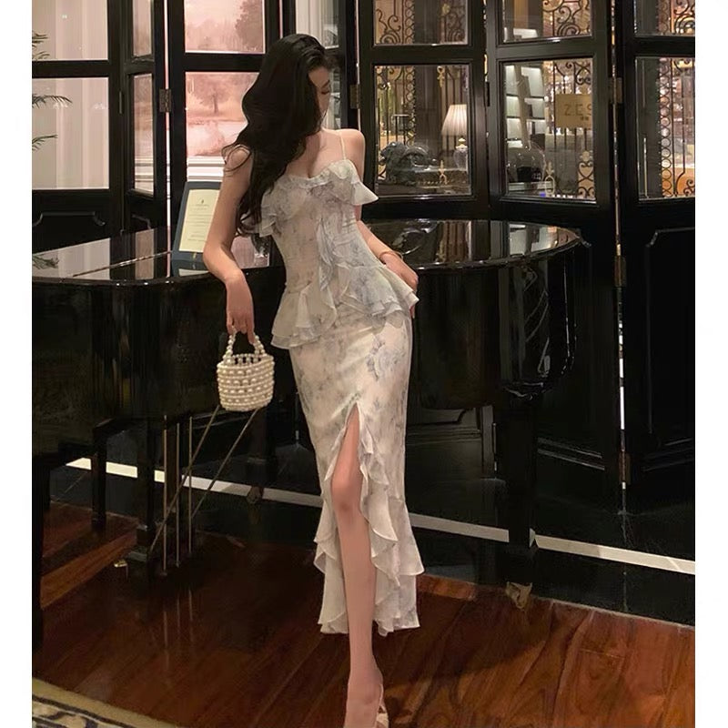 Classy Sheath Spaghetti Straps Chiffon Floral Prom Dresses Birthday Outfits Evening Gown - FashionDia