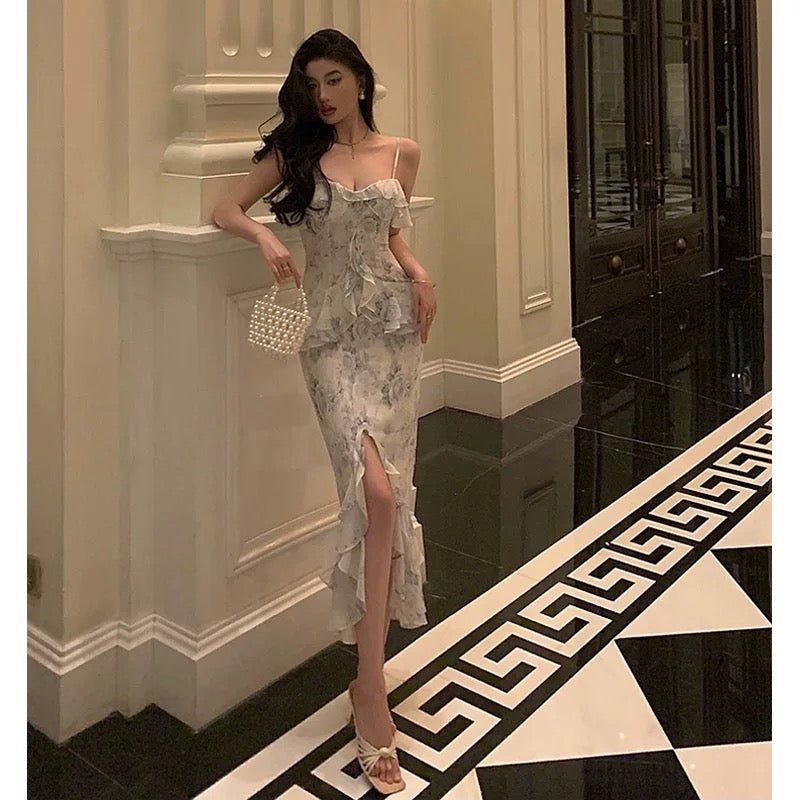 Classy Sheath Spaghetti Straps Chiffon Floral Prom Dresses Birthday Outfits Evening Gown - View 4 | FashionDia