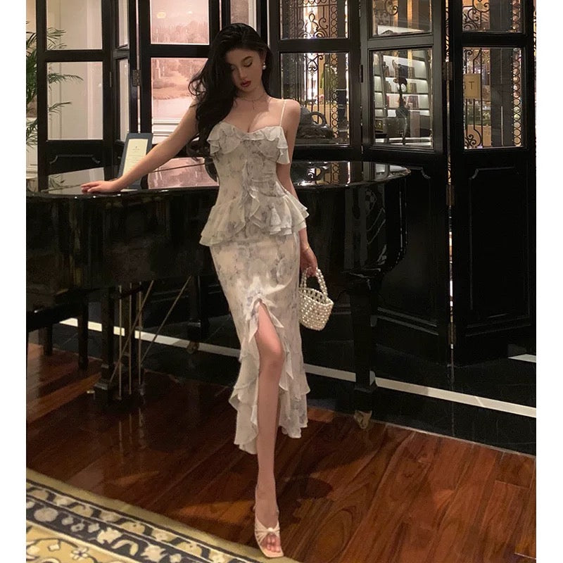 Classy Sheath Spaghetti Straps Chiffon Floral Prom Dresses Birthday Outfits Evening Gown - View 5 | FashionDia