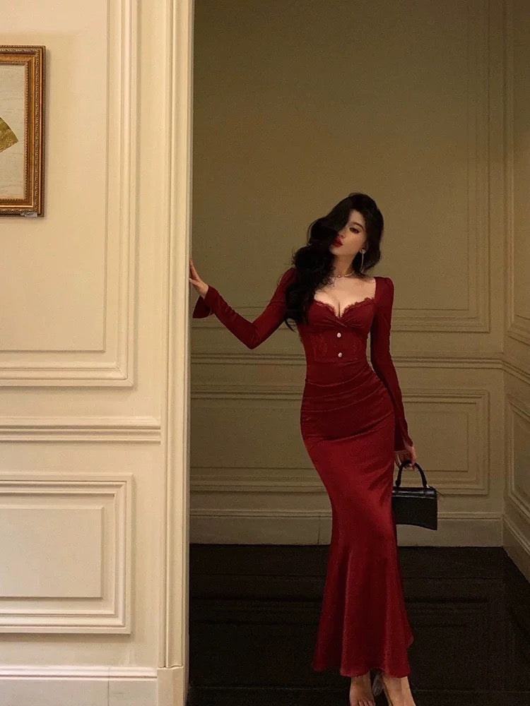 Classy Sheath Sweetheart Red Ruffles Velvet Prom Dresses Birthday Outfits Evening Gown