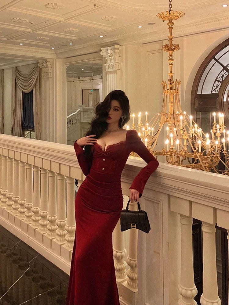 Classy Sheath Sweetheart Red Ruffles Velvet Prom Dresses Birthday Outfits Evening Gown
