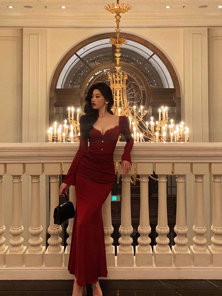 Classy Sheath Sweetheart Red Ruffles Velvet Prom Dresses Birthday Outfits Evening Gown