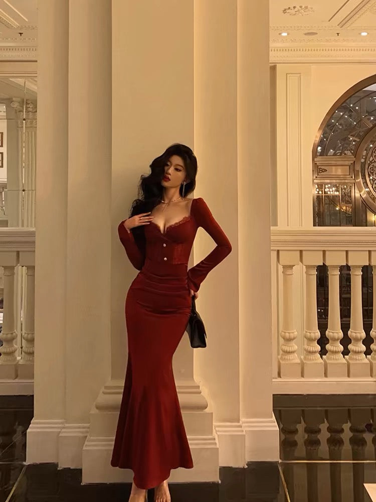 Classy Sheath Sweetheart Red Ruffles Velvet Prom Dresses Birthday Outfits Evening Gown