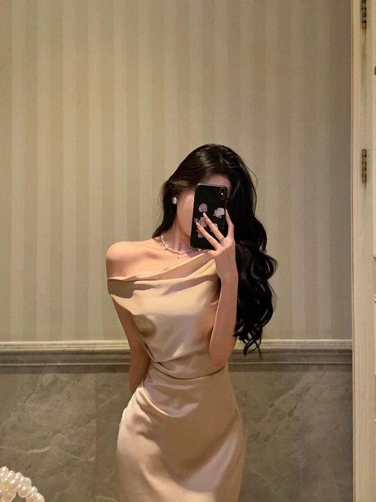 Sexy Mermaid One Shoulder Satin Champagne Prom Dresses Long Birthday Outfits Evening Gown