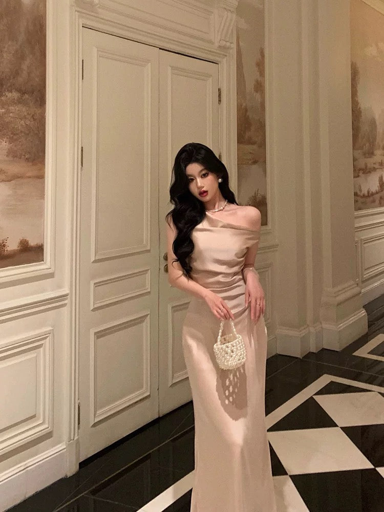 Sexy Mermaid One Shoulder Satin Champagne Prom Dresses Long Birthday Outfits Evening Gown