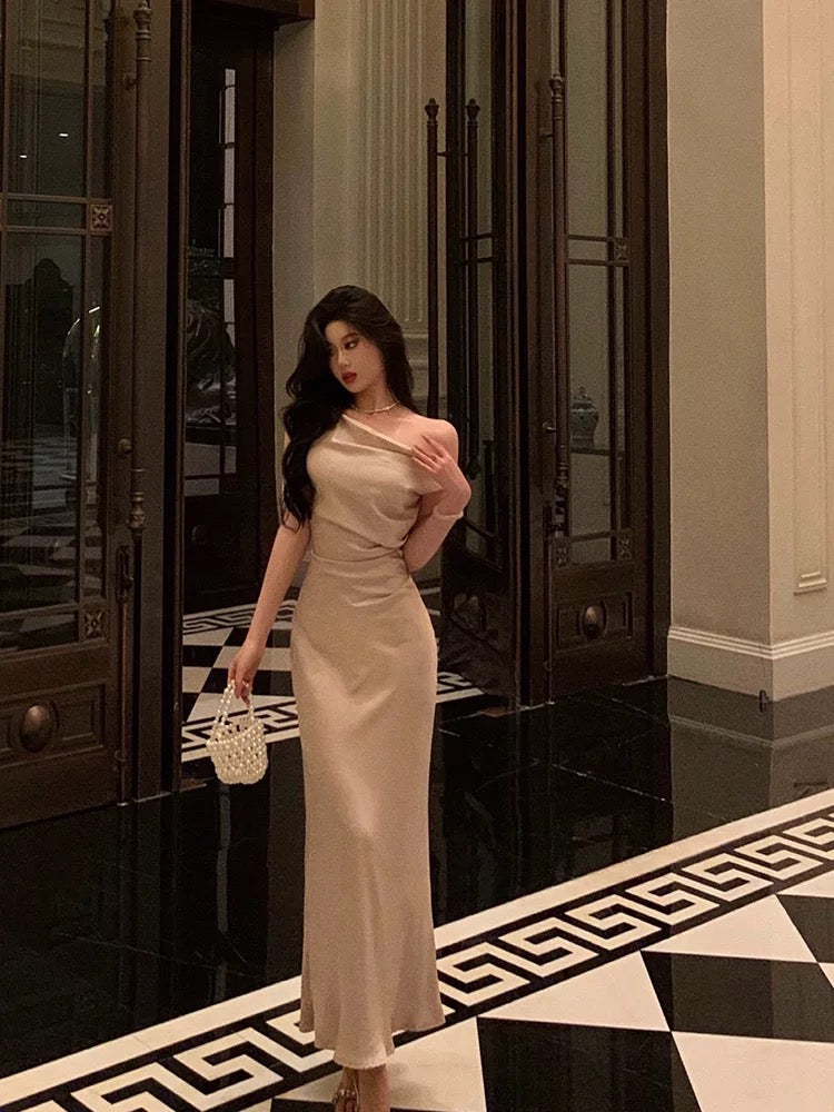 Sexy Mermaid One Shoulder Satin Champagne Prom Dresses Long Birthday Outfits Evening Gown