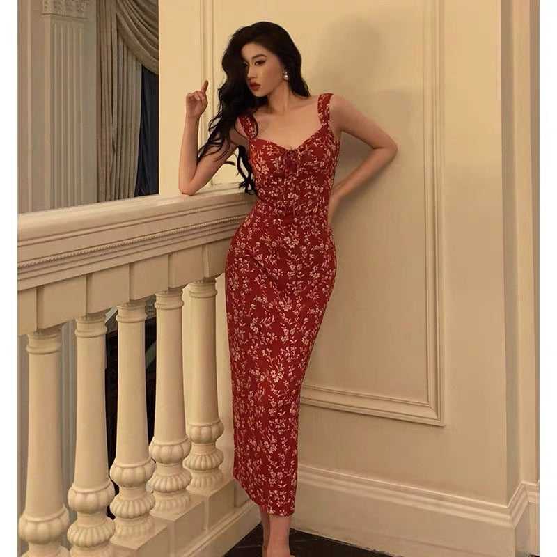 Elegant Sheath Spaghetti Straps Red Floral Prom Dresses Birthday Outfits Evening Gown