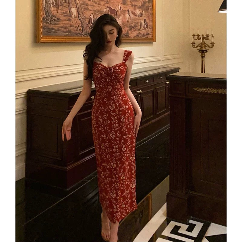 Elegant Sheath Spaghetti Straps Red Floral Prom Dresses Birthday Outfits Evening Gown