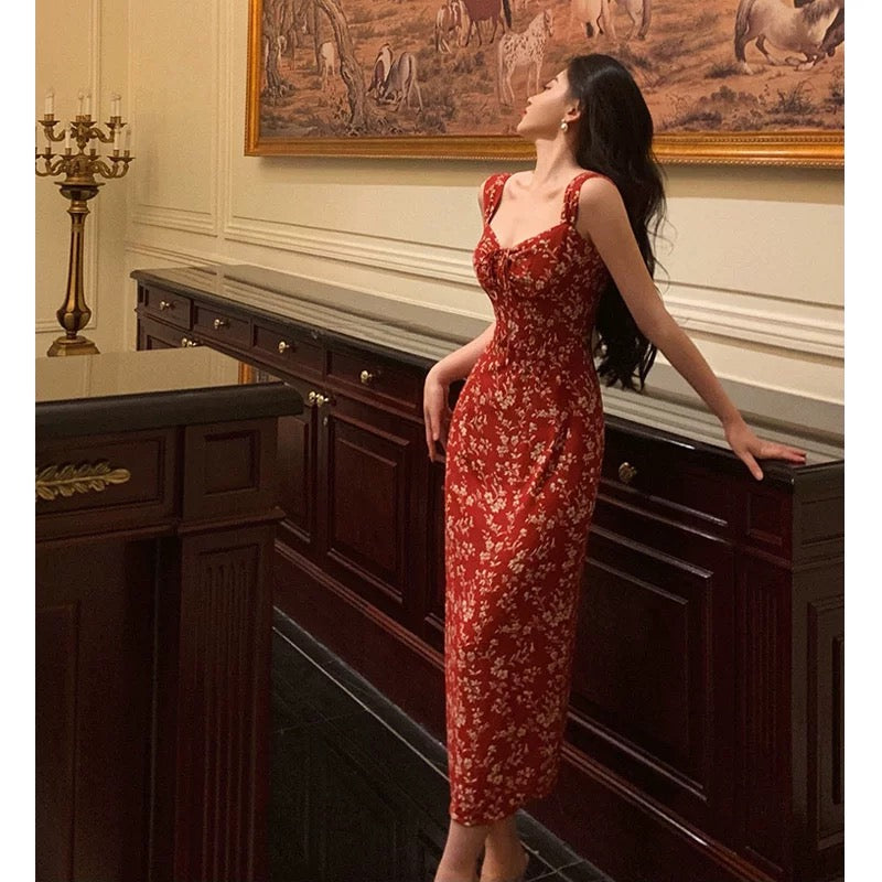 Elegant Sheath Spaghetti Straps Red Floral Prom Dresses Birthday Outfits Evening Gown