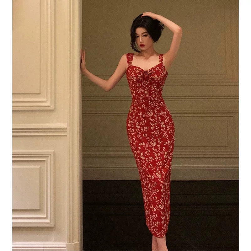 Elegant Sheath Spaghetti Straps Red Floral Prom Dresses Birthday Outfits Evening Gown