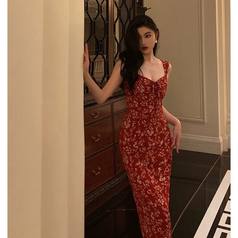 Elegant Sheath Spaghetti Straps Red Floral Prom Dresses Birthday Outfits Evening Gown