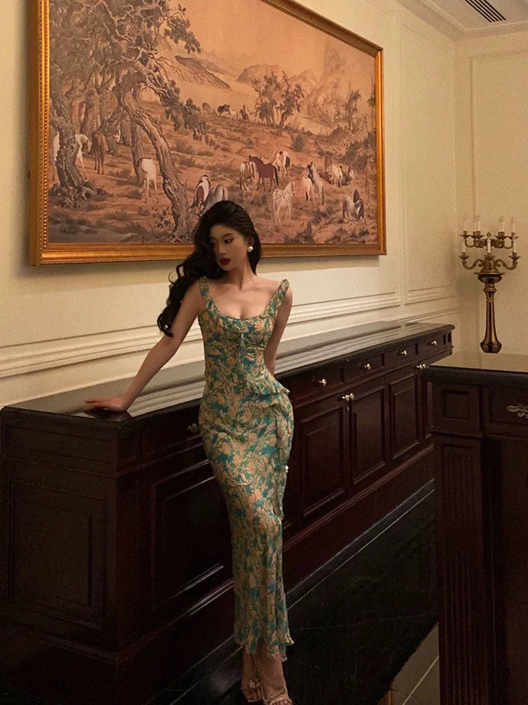 Sexy Mermaid Straps Floral Green Chiffon Prom Dresses Birthday Outfits Evening Gown - View 5 | FashionDia