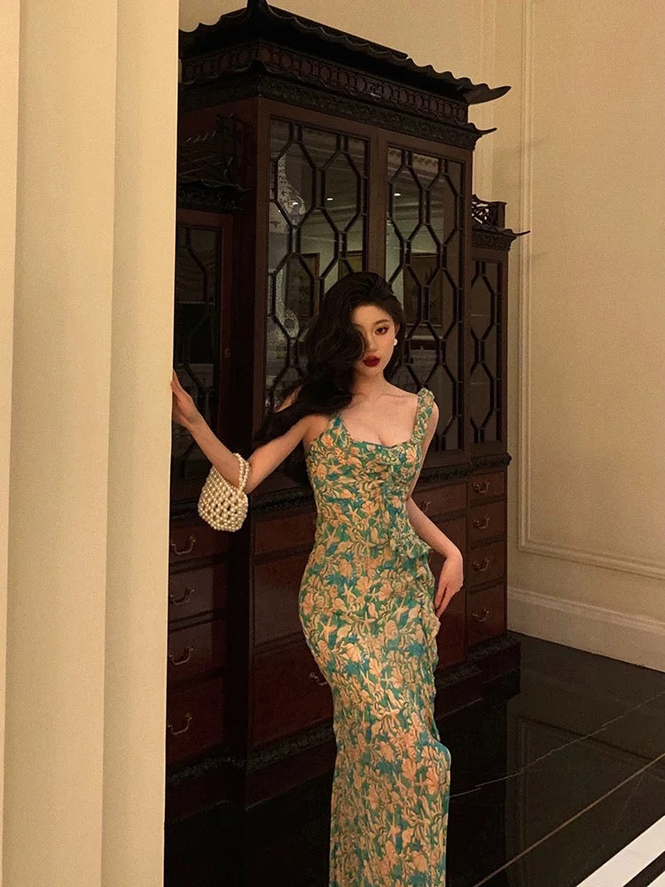 Sexy Mermaid Straps Floral Green Chiffon Prom Dresses Birthday Outfits Evening Gown - View 3 | FashionDia
