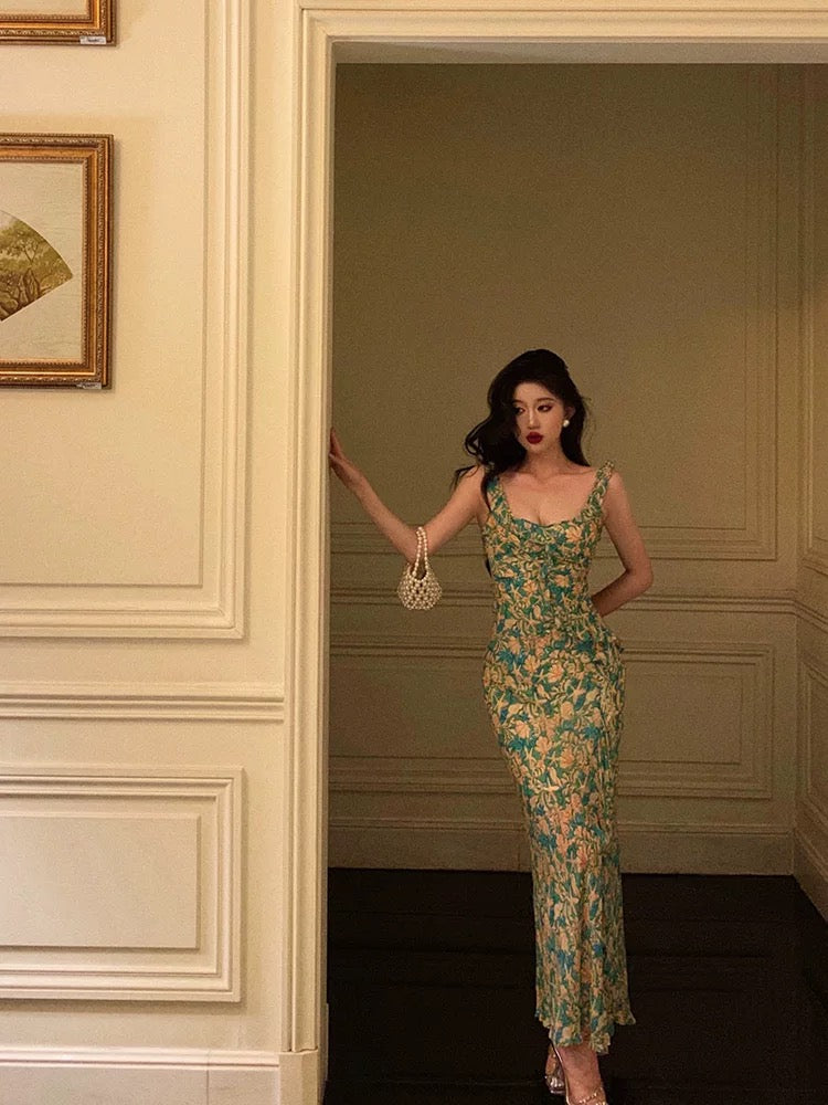 Sexy Mermaid Straps Floral Green Chiffon Prom Dresses Birthday Outfits Evening Gown - View 4 | FashionDia
