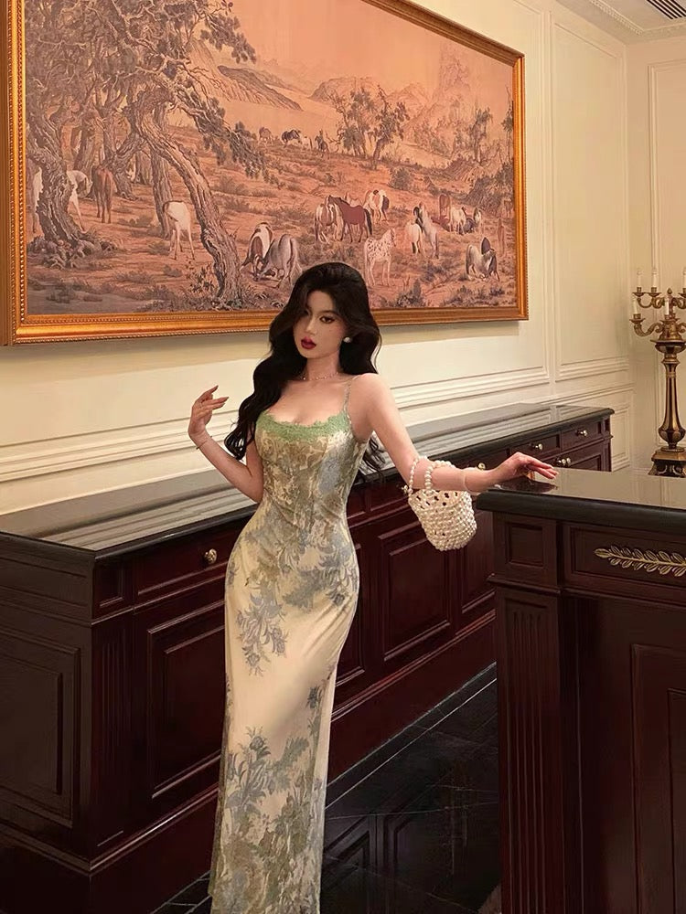 Elegant Sheath Spaghetti Straps Sage Green Floral Prom Dresses Birthday Outfits Evening Gown