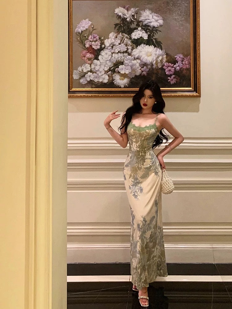 Elegant Sheath Spaghetti Straps Sage Green Floral Prom Dresses Birthday Outfits Evening Gown
