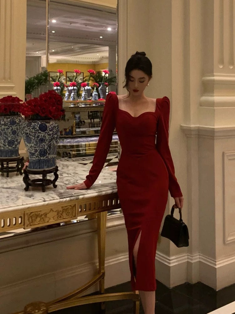 Elegant Sheath Strapless Red Slit Prom Dresses Beads Birthday Outfits Evening Gown