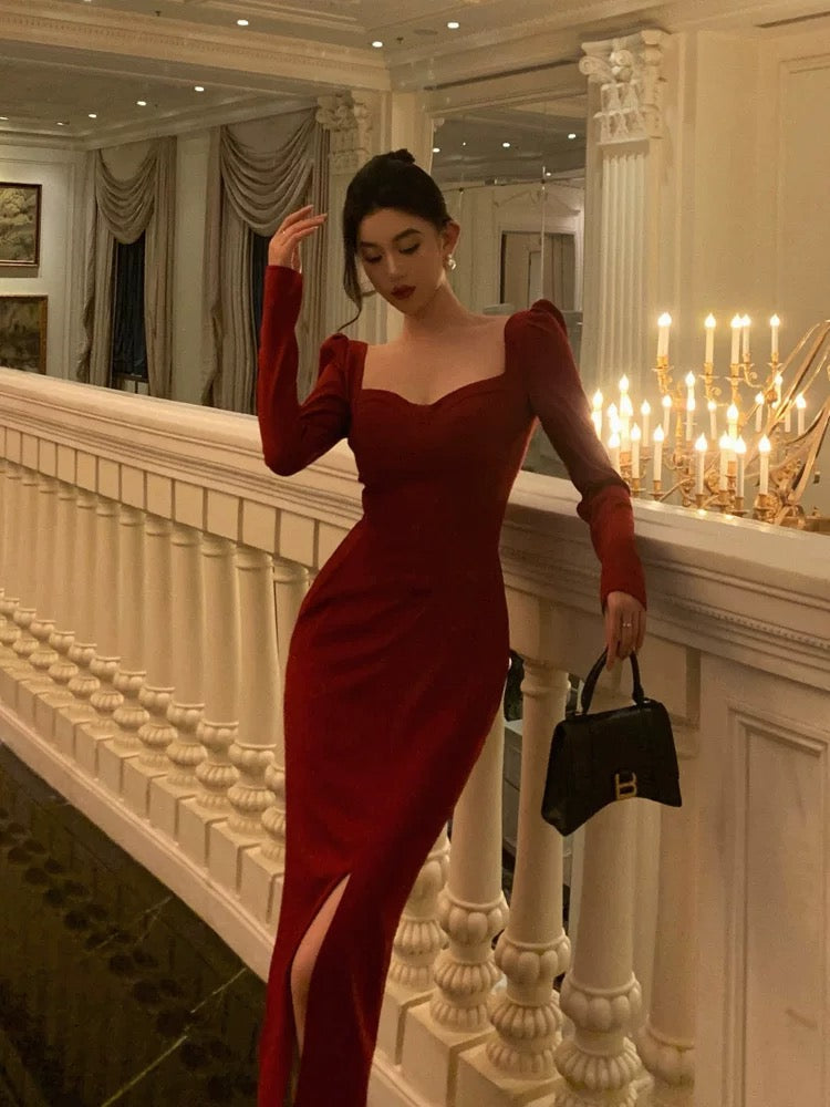 Elegant Sheath Strapless Red Slit Prom Dresses Beads Birthday Outfits Evening Gown