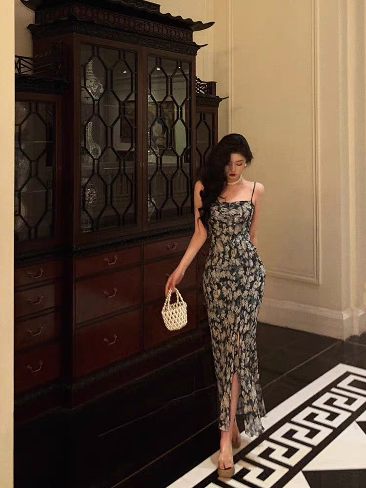 Sexy Sheath Spaghetti Straps Blue Floral Prom Dresses Birthday Outfits Evening Gown - FashionDia
