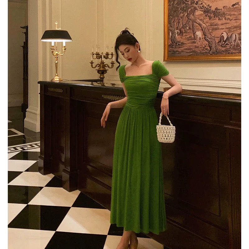 Elegant A-Line Square Neckline Green Long Prom Dresses Birthday Outfits Evening Gown - FashionDia