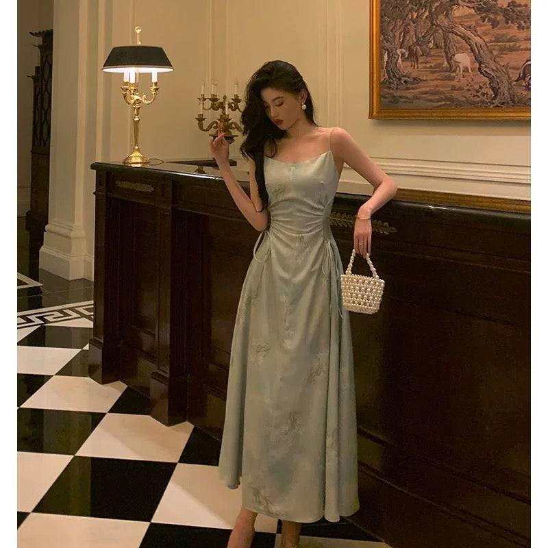Sexy A Line Spaghetti Straps Green Floral Ruffles Prom Dresses Birthday Outfits Evening Gown