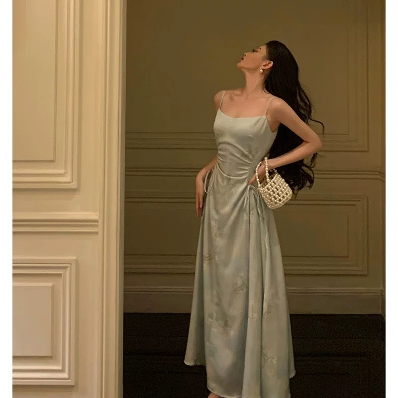 Sexy A Line Spaghetti Straps Green Floral Ruffles Prom Dresses Birthday Outfits Evening Gown