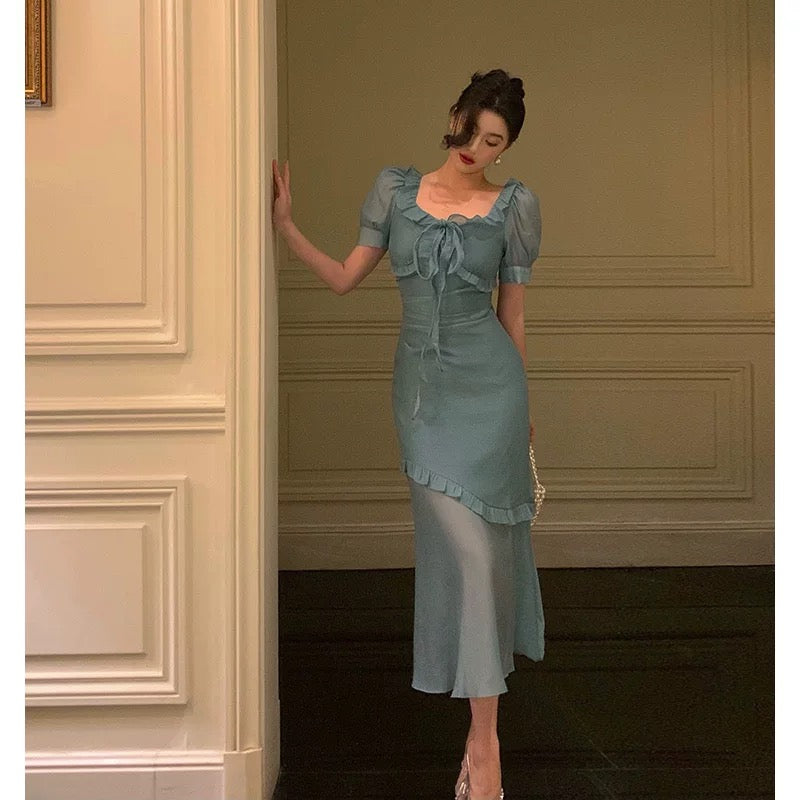 Elegant Mermaid Square Neckline Short Sleeves Blue Chiffon Prom Dresses Birthday Outfits Evening Gown - View 4 | FashionDia