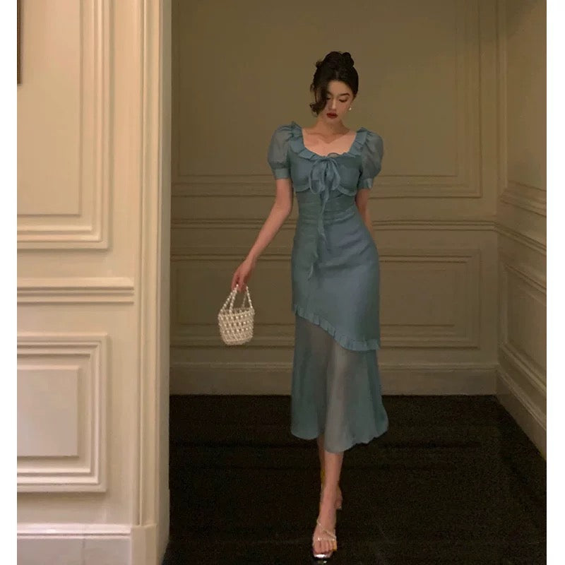 Elegant Mermaid Square Neckline Short Sleeves Blue Chiffon Prom Dresses Birthday Outfits Evening Gown - FashionDia