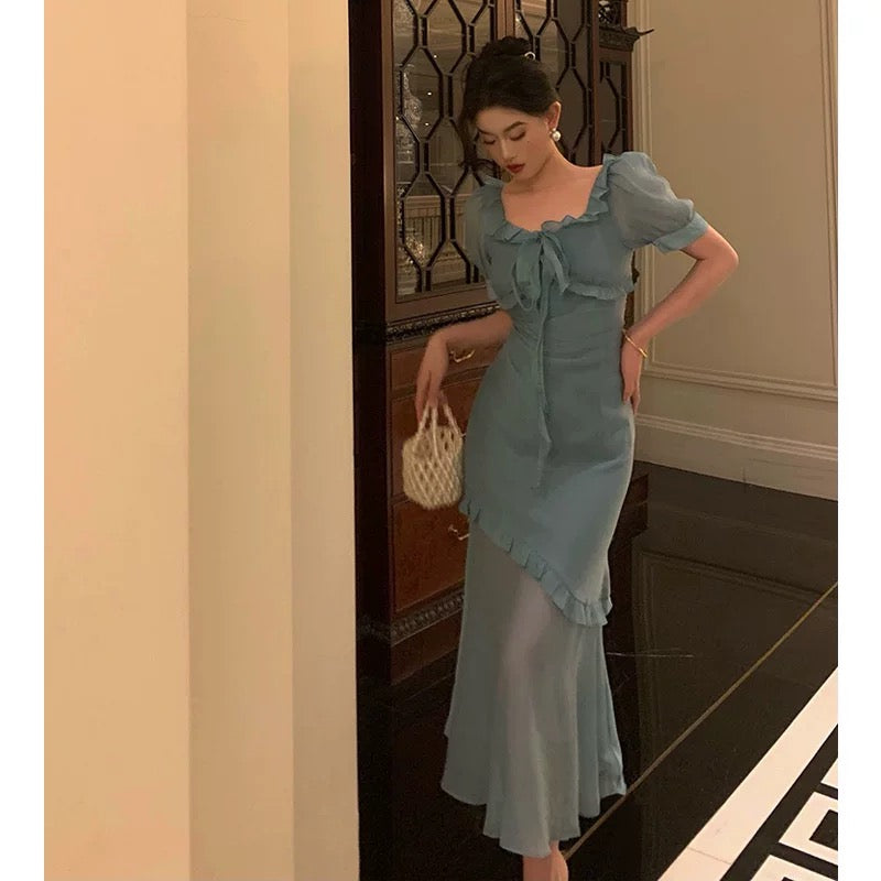 Elegant Mermaid Square Neckline Short Sleeves Blue Chiffon Prom Dresses Birthday Outfits Evening Gown - View 2 | FashionDia