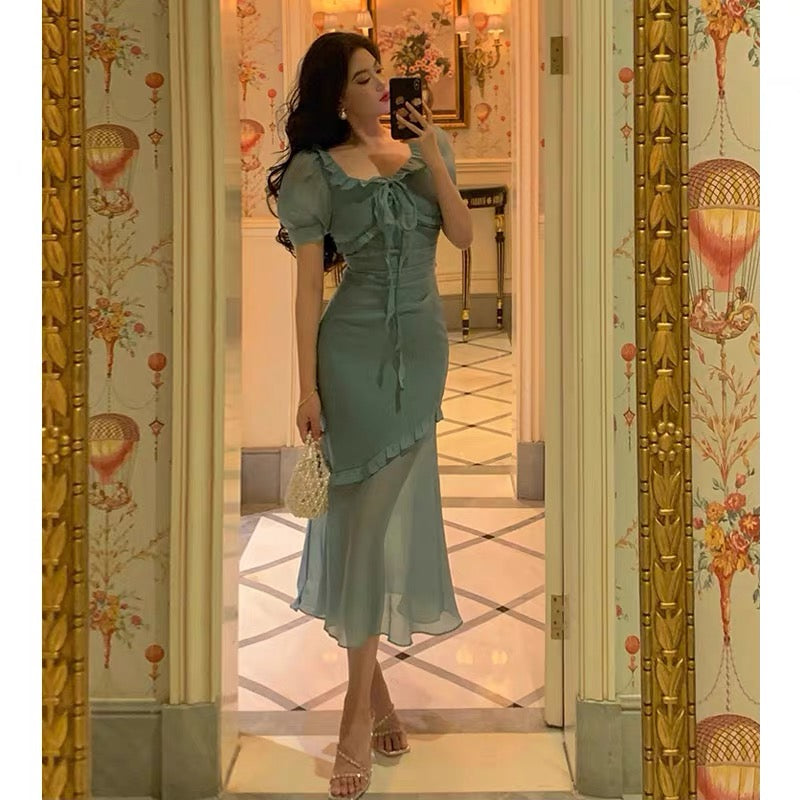 Elegant Mermaid Square Neckline Short Sleeves Blue Chiffon Prom Dresses Birthday Outfits Evening Gown - View 5 | FashionDia