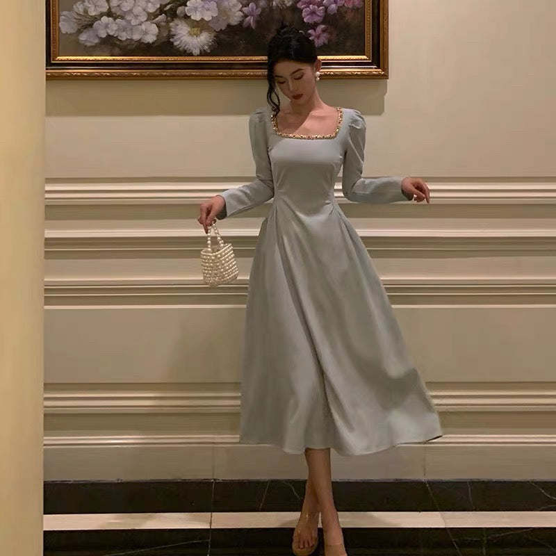 Sexy A-Line Square Neckline Long Sleeves Prom Dresses Birthday Outfits Evening Gown - FashionDia
