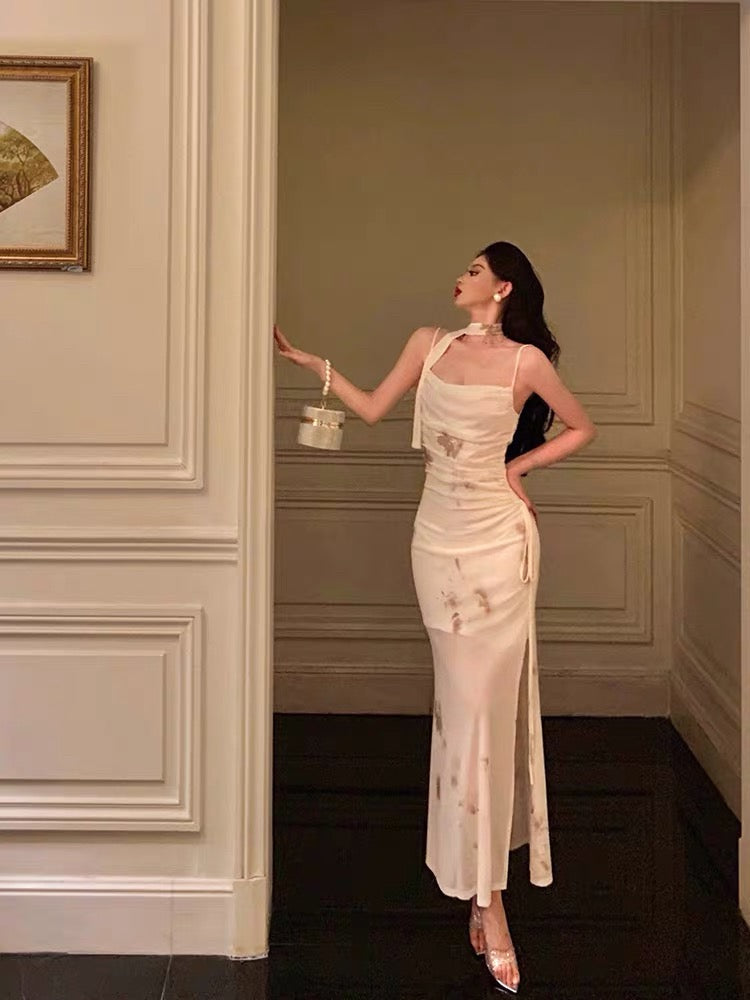 Classy Sheath Spaghetti Straps Ivory Floral Prom Dresses Birthday Outfits Evening Gown - FashionDia