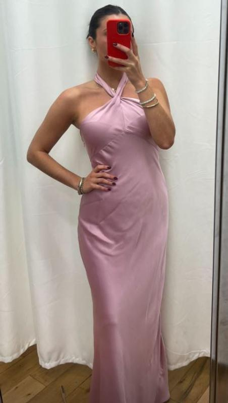 Simple Halter Sheath Party Dress,Pink Satin Prom Evening Gown