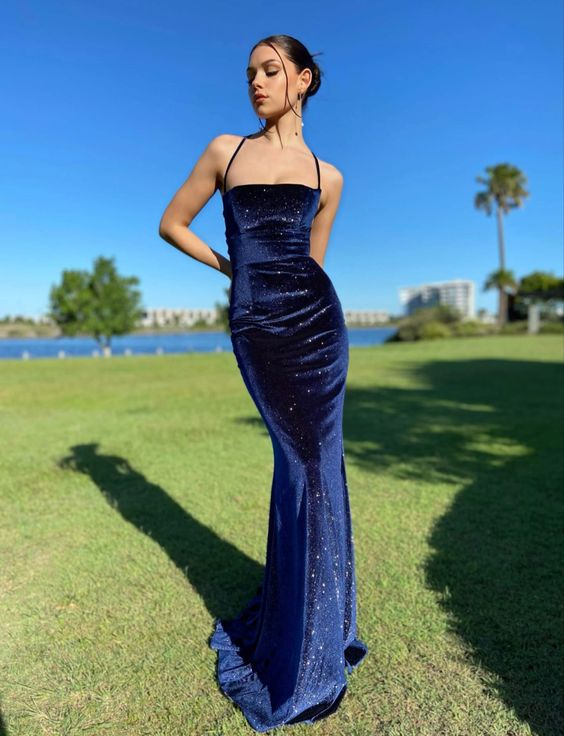 Vintage Navy Blue Velvet Prom Dress Sexy Mermaid Party Evening Gown - FashionDia