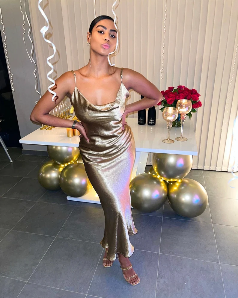 Glossy Open Back Shiny Backless Satin Prom Dress Elegant Cowl Neckline Party Ruched Side Women Midi Dress - FashionDia