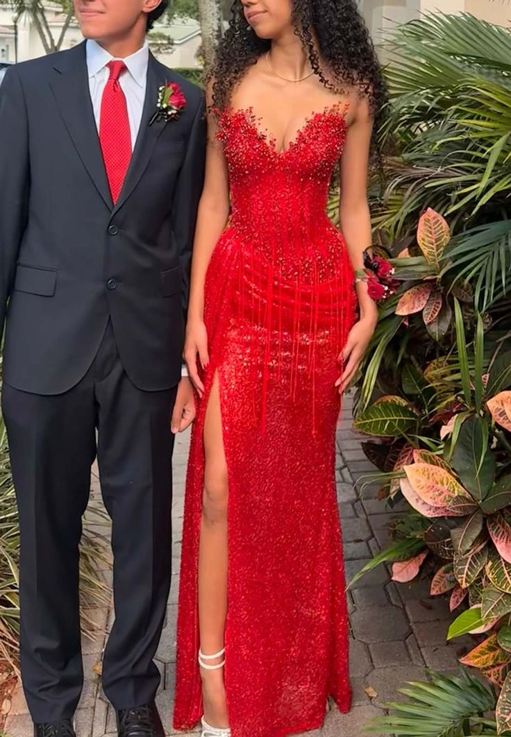 Pretty Sweetheart Neck Red Sequin Beaded Tassel Mermaid Prom Dress Slit Long Party Dress - FashionDia