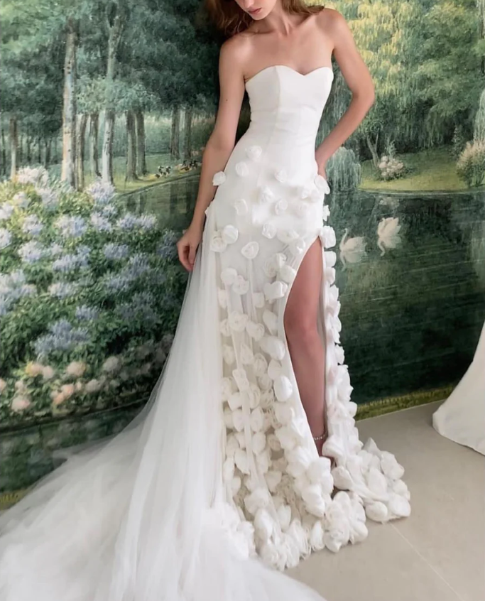 Beautiful Pink Strapless Tulle Rose Flowers Prom Dress Mermaid Slit Evening Dress Wedding Dress - View 5 | FashionDia