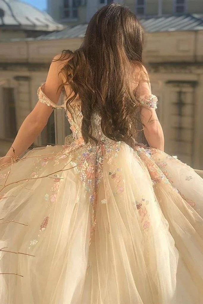 Gorgeous Off-the-Shoulder Champagne Lace Floral Prom Dress, Long 3D Flower Champagne Formal Evening Dress, Champagne Ball Gown - View 4 | FashionDia