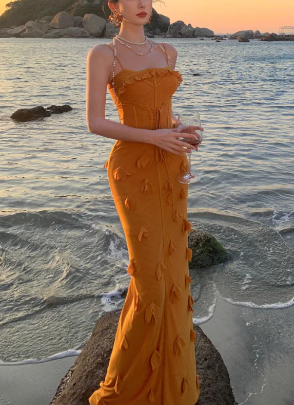 Unique Orange Mermaid Evening Gown Spaghetti Strap 3D Flower Long Prom Dress