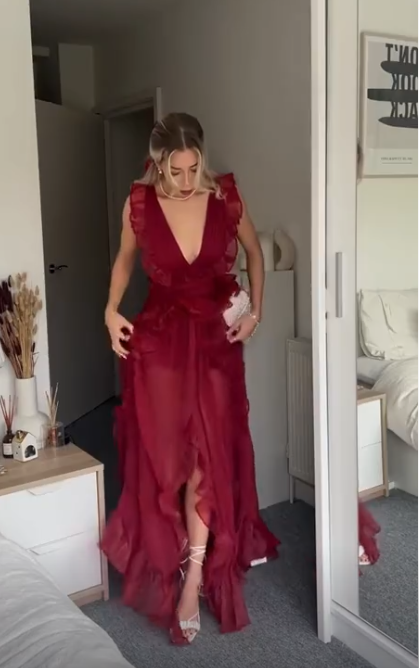 Sexy Burgundy Deep V-Neck Chiffon Ruffles Slit Party Dress Long Prom Evening Dress - View 4 | FashionDia