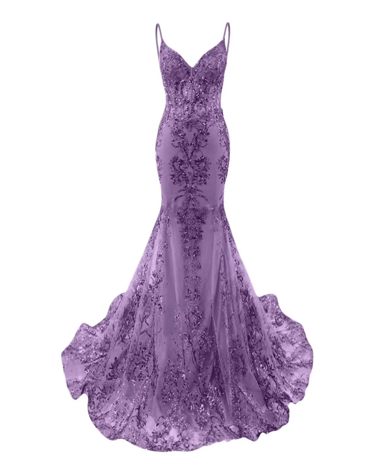 Trumpet/Mermaid Spaghetti Straps Sparkly Sequin Lace Applique Long Prom Dress