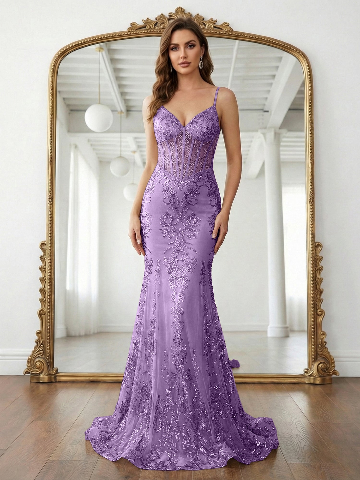 Trumpet/Mermaid Spaghetti Straps Sparkly Sequin Lace Applique Long Prom Dress