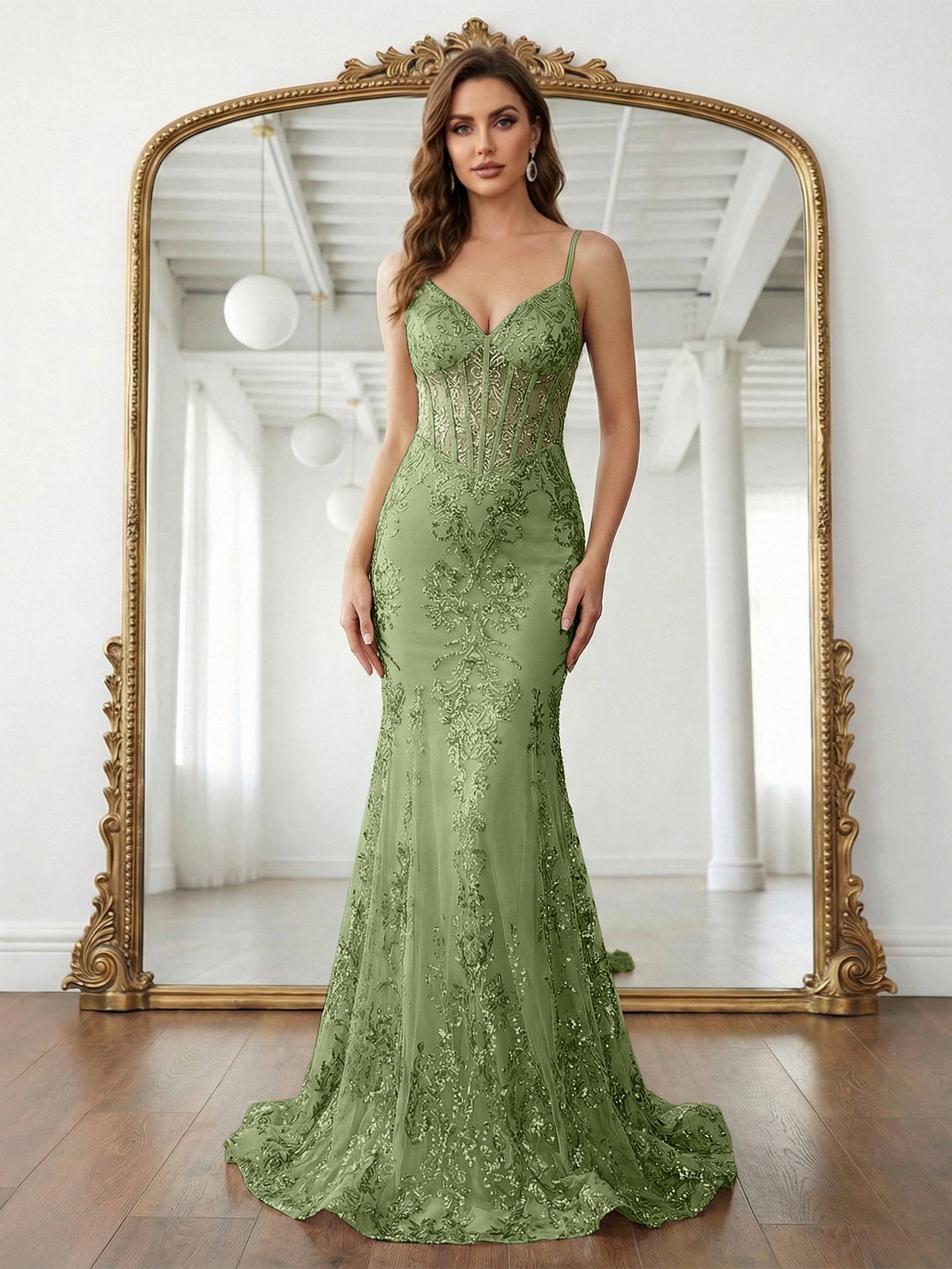 Trumpet/Mermaid Spaghetti Straps Sparkly Sequin Lace Applique Long Prom Dress