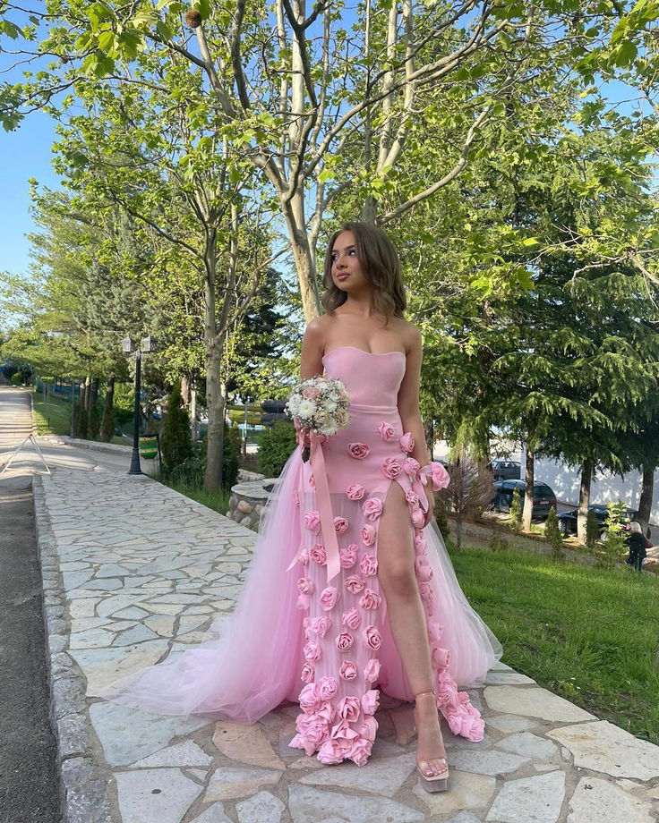 Beautiful Pink Strapless Tulle Rose Flowers Prom Dress Mermaid Slit Evening Dress Wedding Dress - View 3 | FashionDia