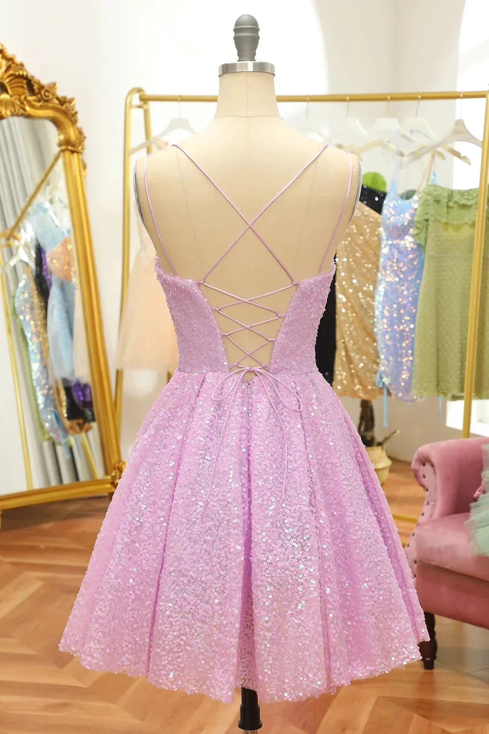 Lilac Sequins A-Line Lace-Up Homecoming Dress (ZD11738)