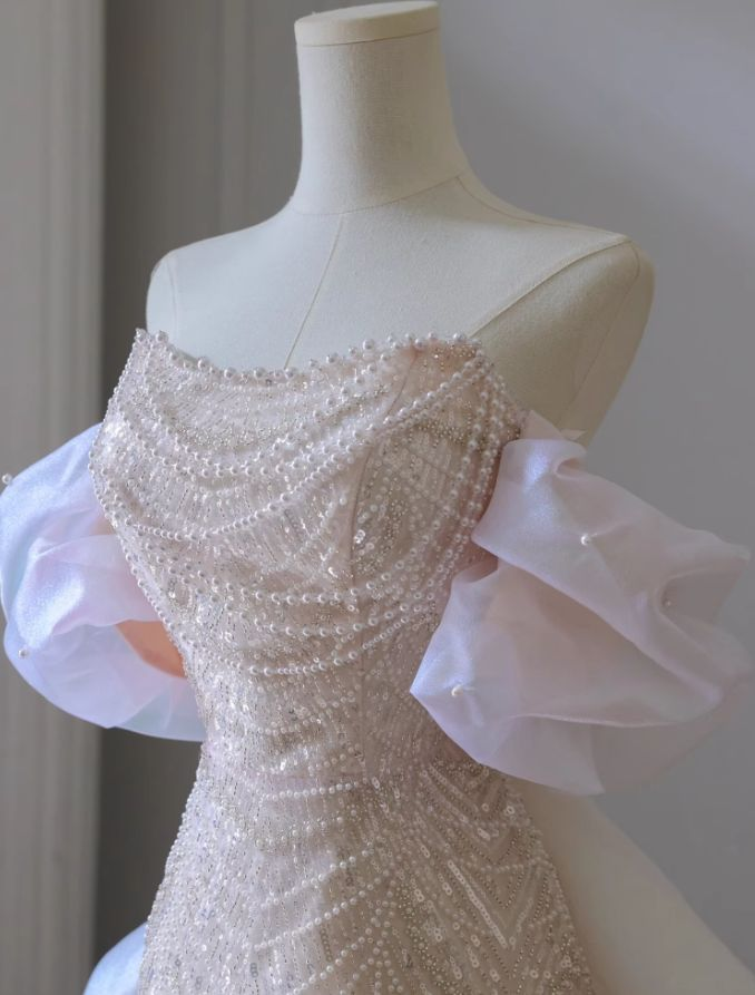 Pink A-Line Off-Shoulder Tulle Sequins Beaded Long Prom Dress Formal Evening Dress Y8050 - View 6 | VelvetHem