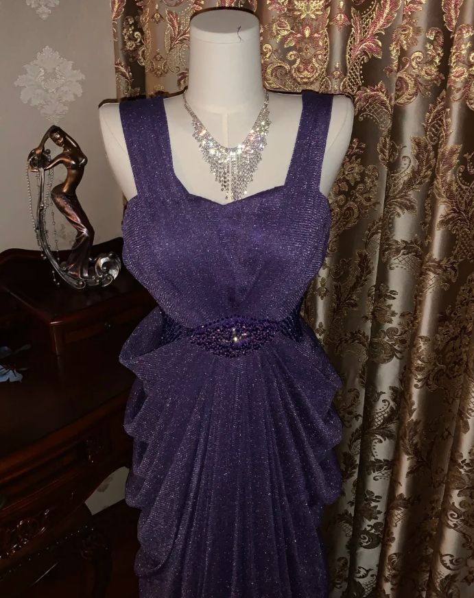 Sparkly Purple Tulle Sequin Beaded Pleated Mermaid Evening Dress Long Birthday Prom Gown - View 4 | FashionDia