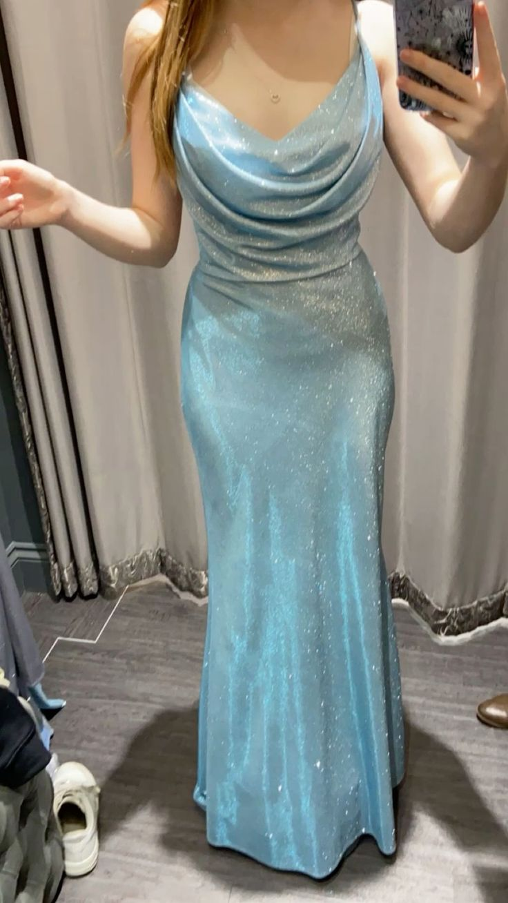 Shiny Spaghetti Straps Blue Satin Mermaid Long Evening Dress Party Gown