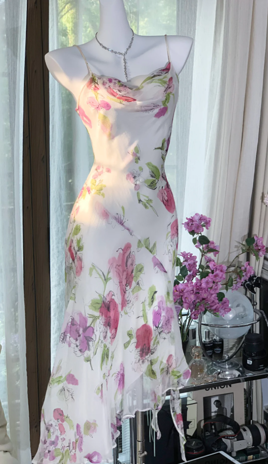 Pretty Spaghetti Straps Chiffon Print Floral Mermaid Evening Dress Long Party Dress - FashionDia