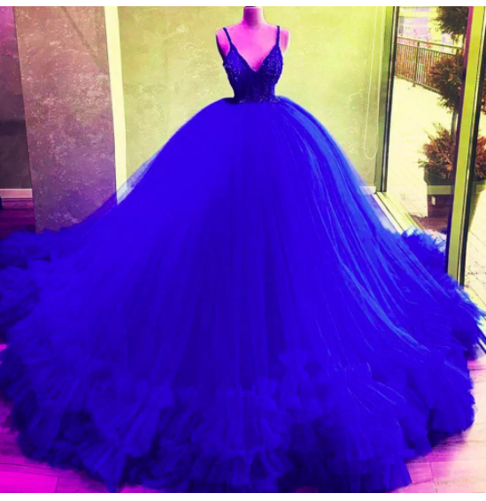 A-Line Royal Blue Ball Gown Tulle Prom Dress Sleeveless Prom Dress - FashionDia